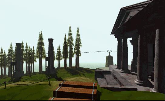 Walking forward a bit more, the building is on the right, while some mysterious columns and more trees are on the leftside in the background.