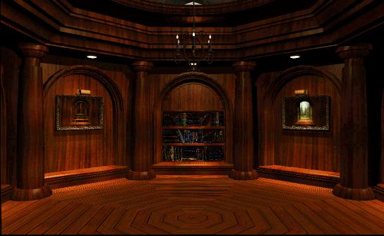 Interior of the Li-Barry. Everything is made of wood. There is a bookshelf across the room from you.