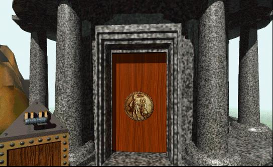 Close up of the entrance of the round building. It has a wooden door with a large medallionon it.