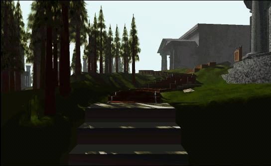 Walking up some stairs. There is a note on the ground. We see tall pine trees and a classic-looking building in the background.