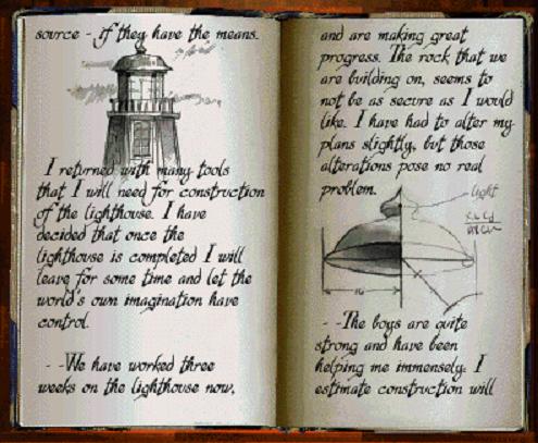A book from MYST. It has notes written in cursive text describing a lighthouse.