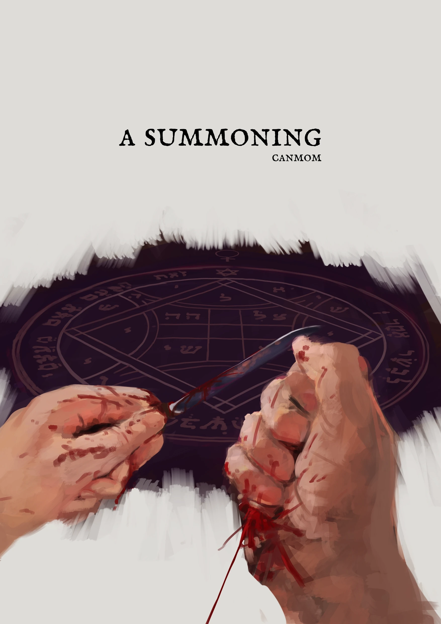 Painting. A first-person view of a pair of hands with a bloody knife and something severed. Behind them, the Fourth Pentacle of Venus.