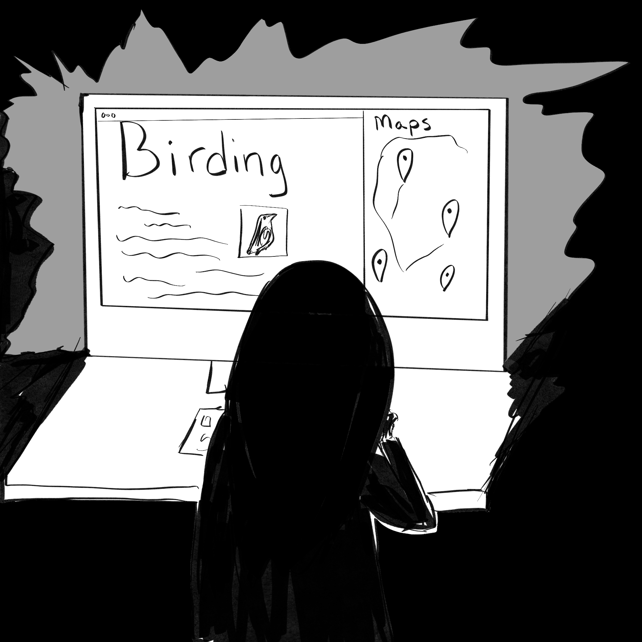 A girl looking up birding with maps on a computer in the dark.