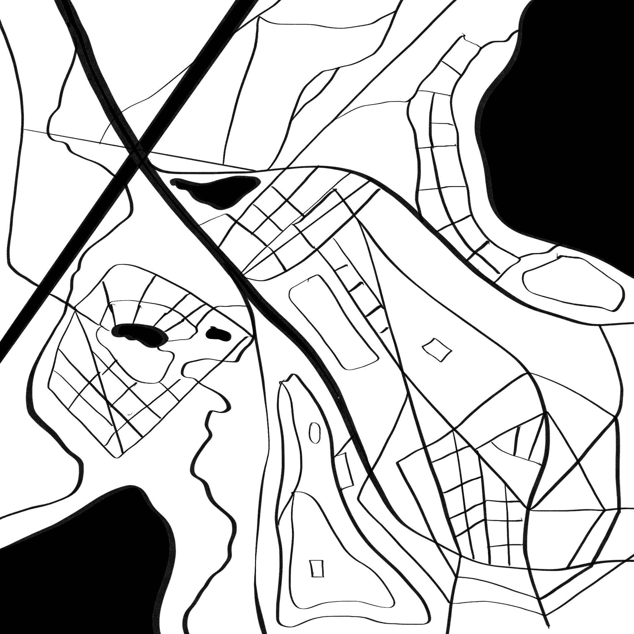 A city map with roads rivers and lakes - nothing labeled.