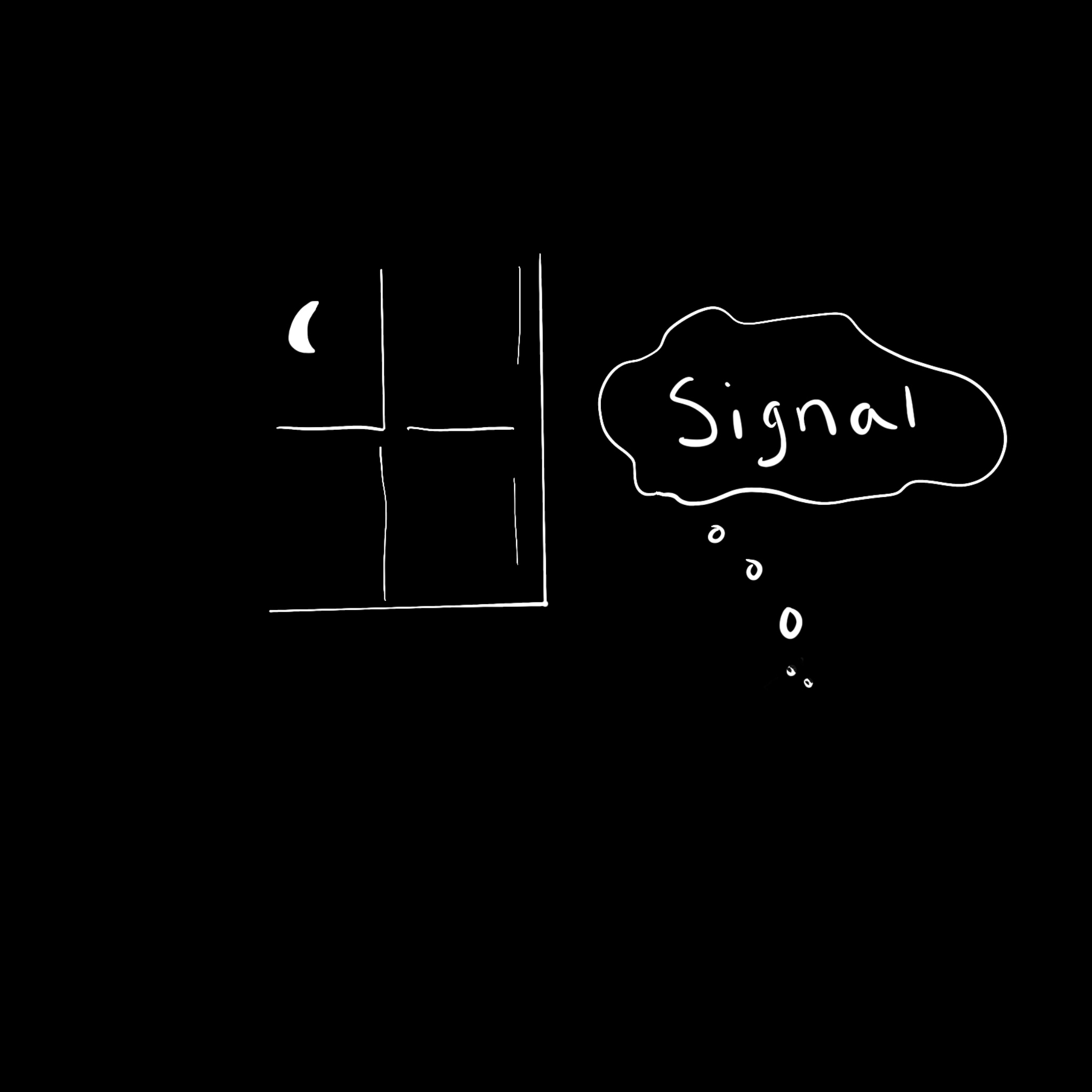 Eyes are open in a dark room with a moon out the window.