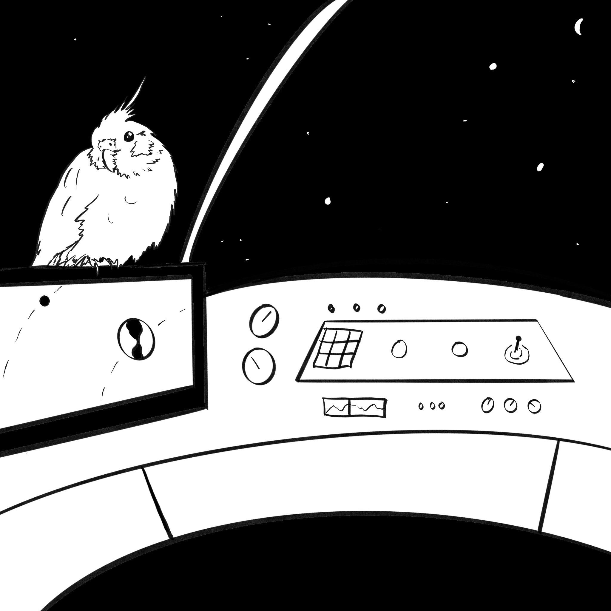 a cockatiel sitting on a monitor in the control room of the ufo.