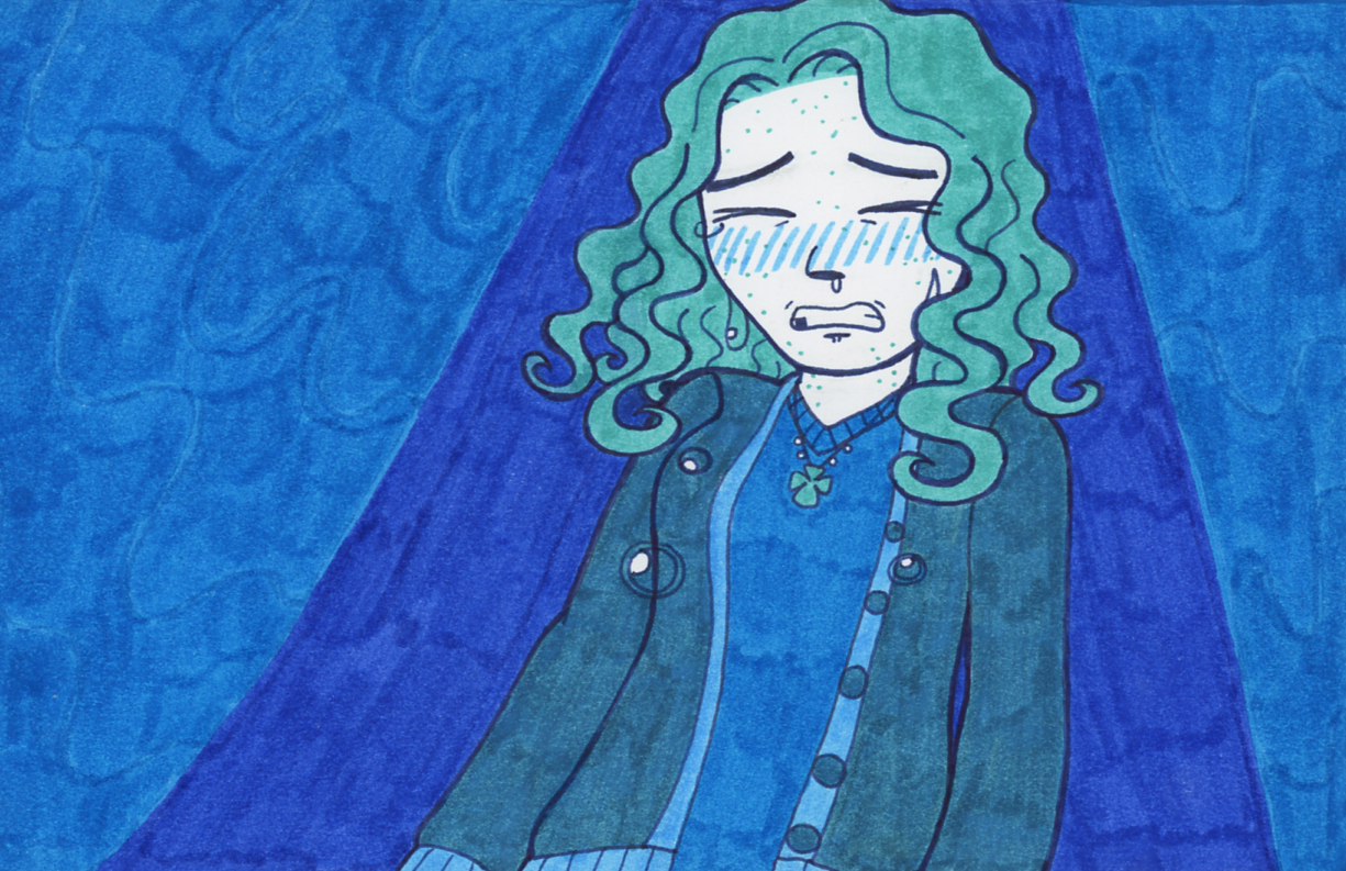 Rowan, dressed in all of the effeminate items she's collected over the years. She looks down towards the ground, sobbing.