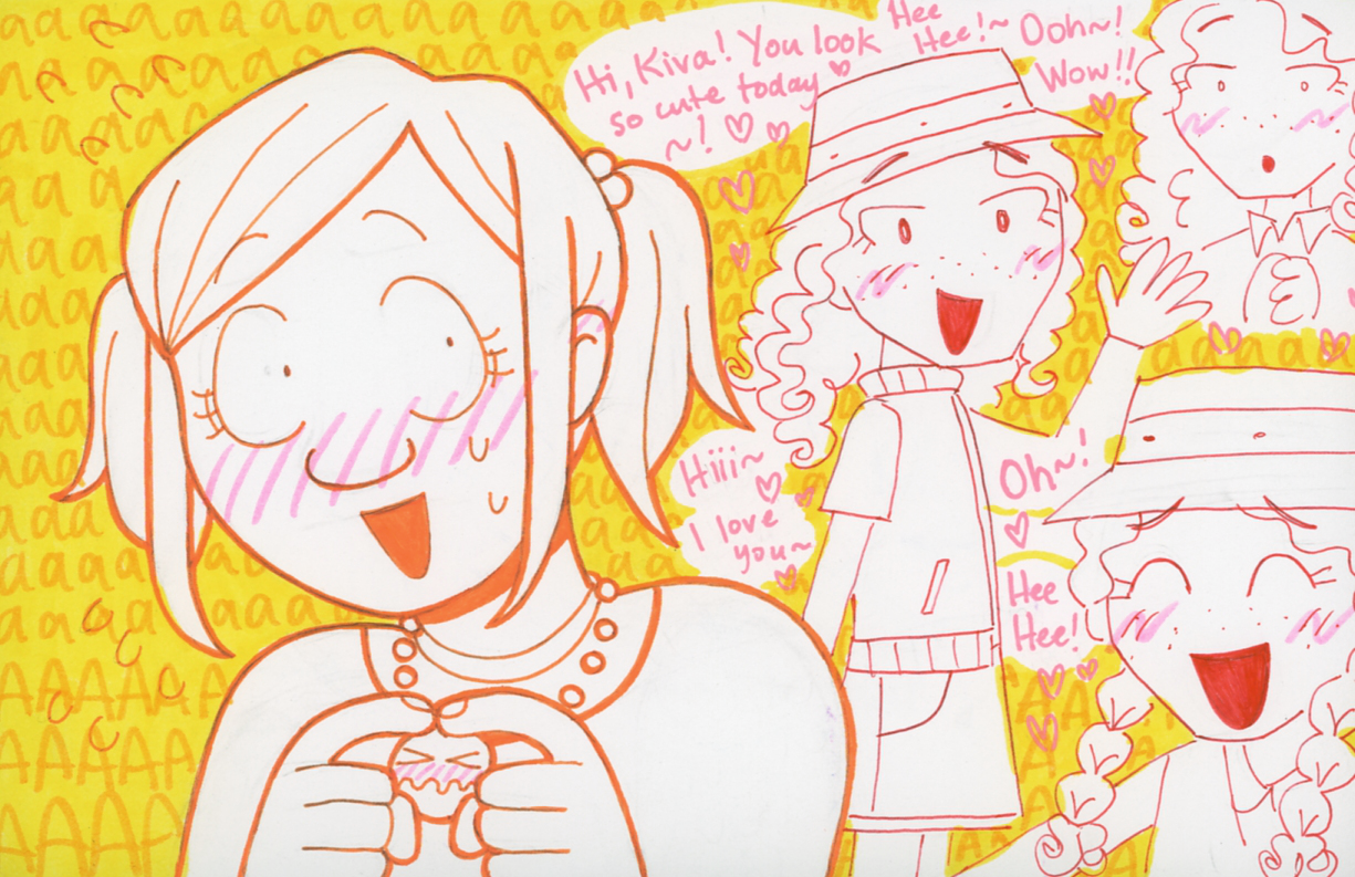 Kiva, looking flustered and smiling nervously as she thinks about Rowan.