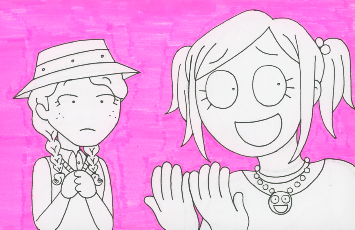 Kiva, smiling nervously, as Rowan looks on in confusion.