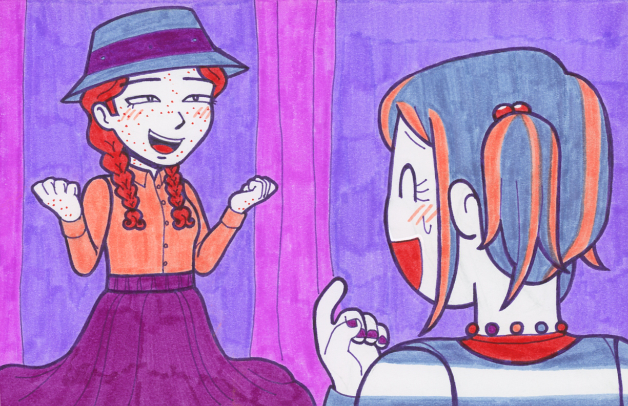 Rowan gleefully trying on a long skirt, showing it off to Kiva.