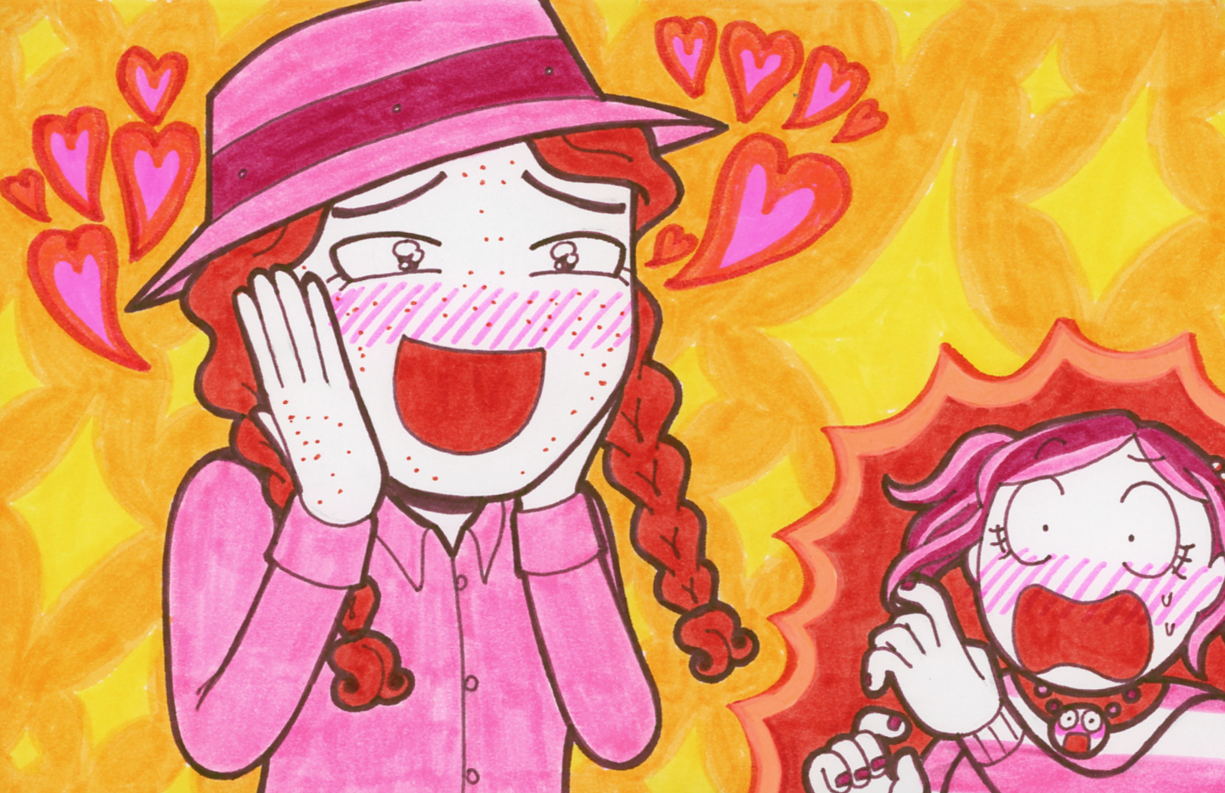 Rowan with an overjoyed expression. In the corner, Kiva's expression of extreme embarrassment is shown.