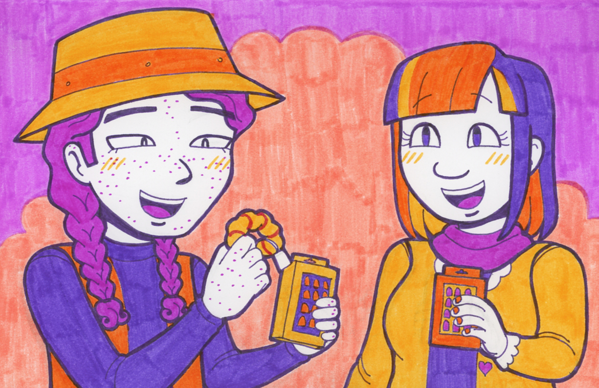 Kiva and Rowan at the drugstore. Both of them are holding boxes of stick-on nails, and Rowan's also holding a scrunchie.