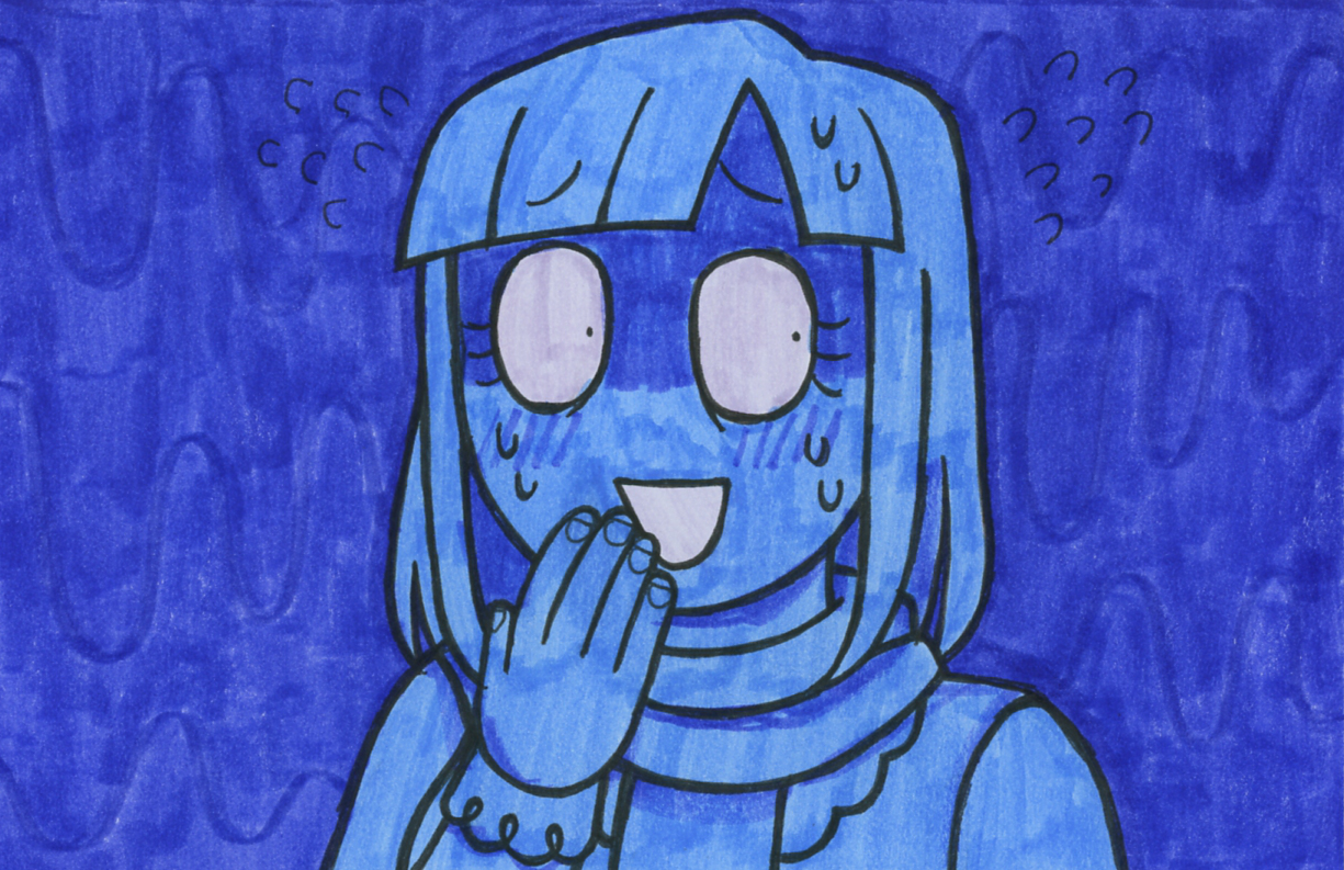 Kiva, looking mortified, smiling nervously.