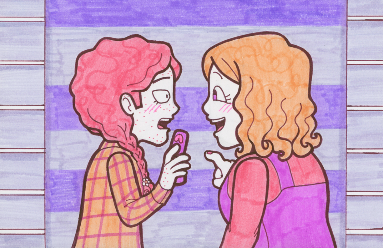 Kiva and Rowan, looking at each other excitedly as they browse the store shelves.