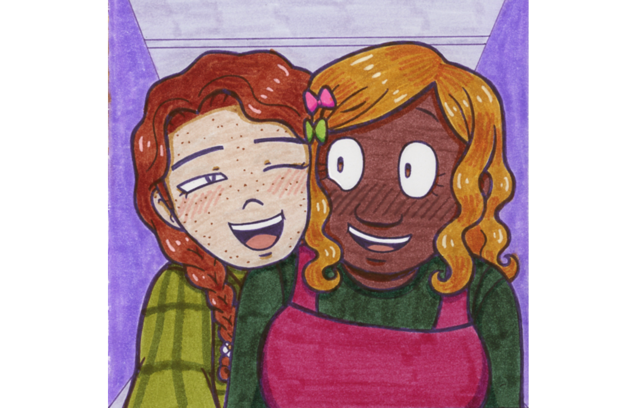 Kiva and Rowan posing for a picture. Rowan is taking the picture, cuddling up next to Kiva with a big smile. Kiva looks at her with a nervous smile.