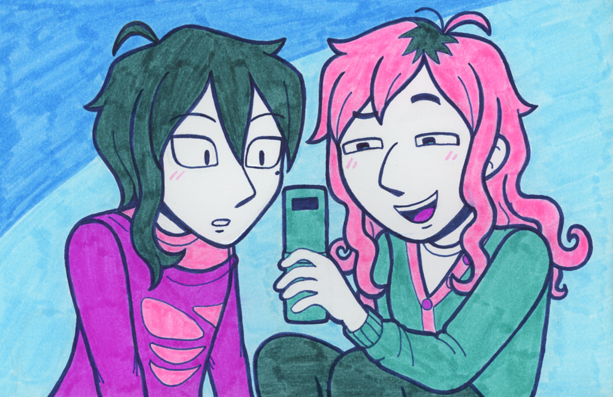 Adair and Ximun, looking at Adair's phone.