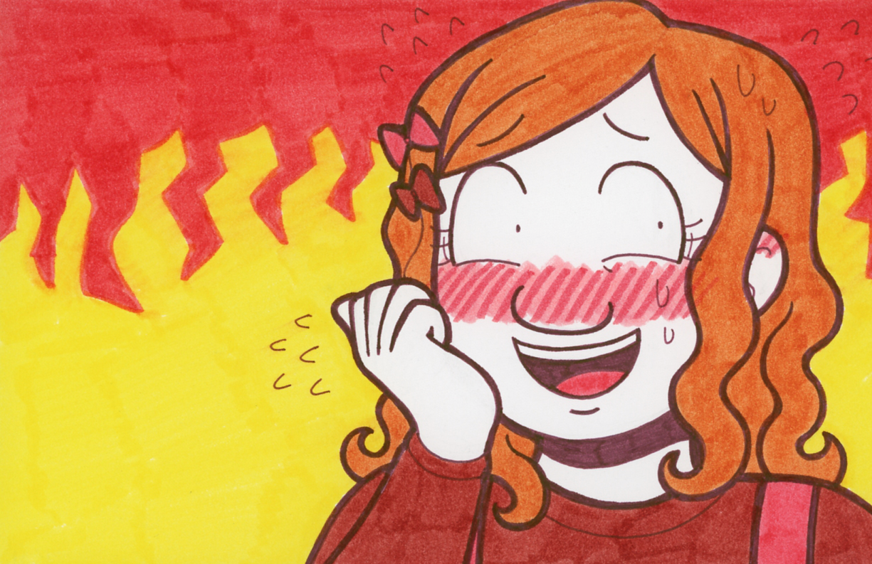 Kiva, with a huge anxious smile, blushing furiously.