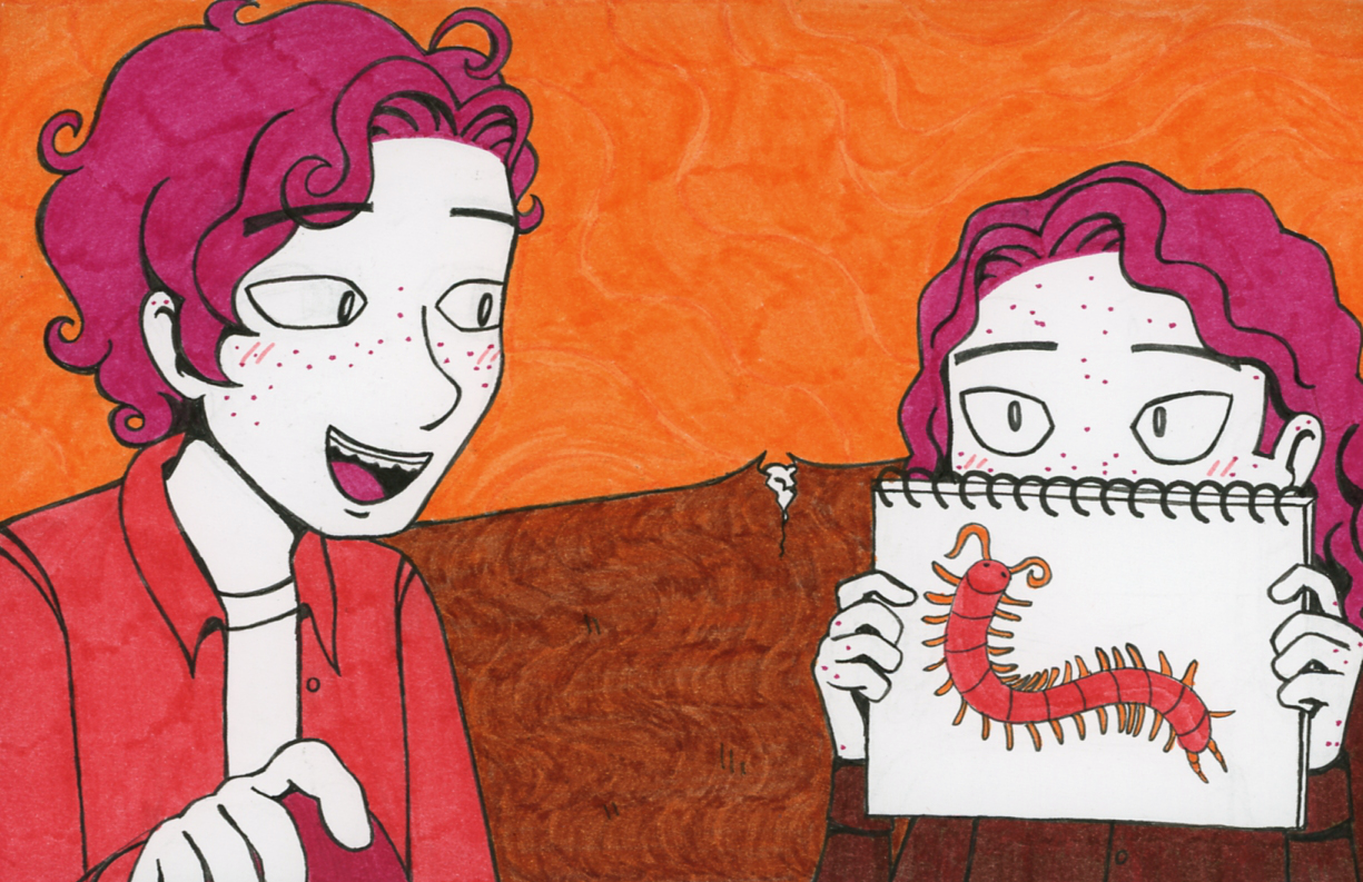 Hale happily looking upon Rowan's drawing. Rowan is holding it up to show him.