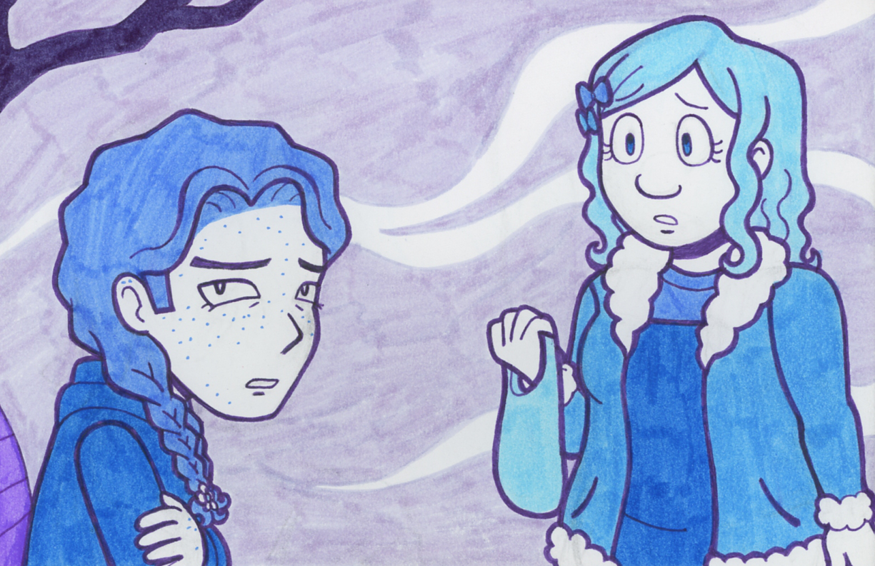 Kiva approaching Rowan, who's sitting on a bench outside. Kiva looks worried, and Rowan looks pained.