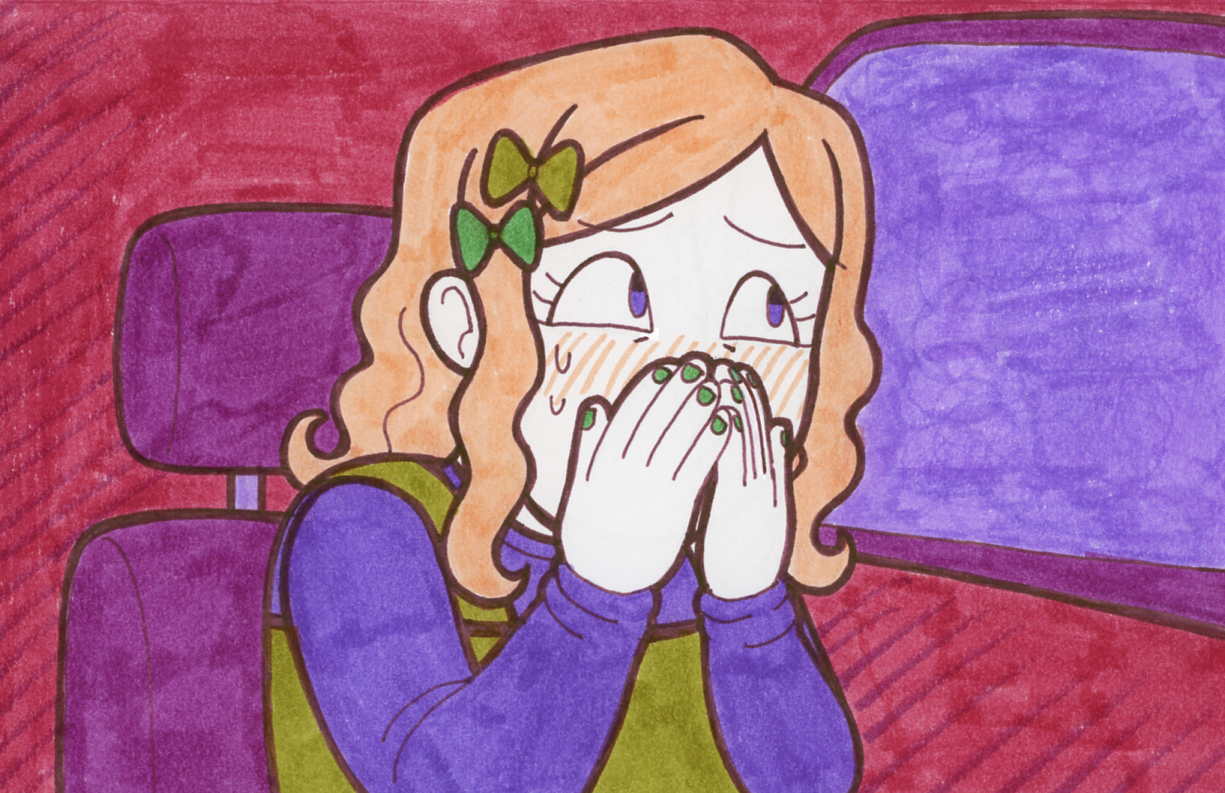 Kiva, sitting in her truck, covering her face in embarrassment.