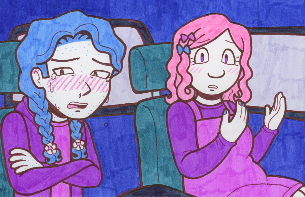 Kiva and Rowan, sitting next to each other in Kiva's truck. Kiva looks over at Rowan, who has begun to cry.