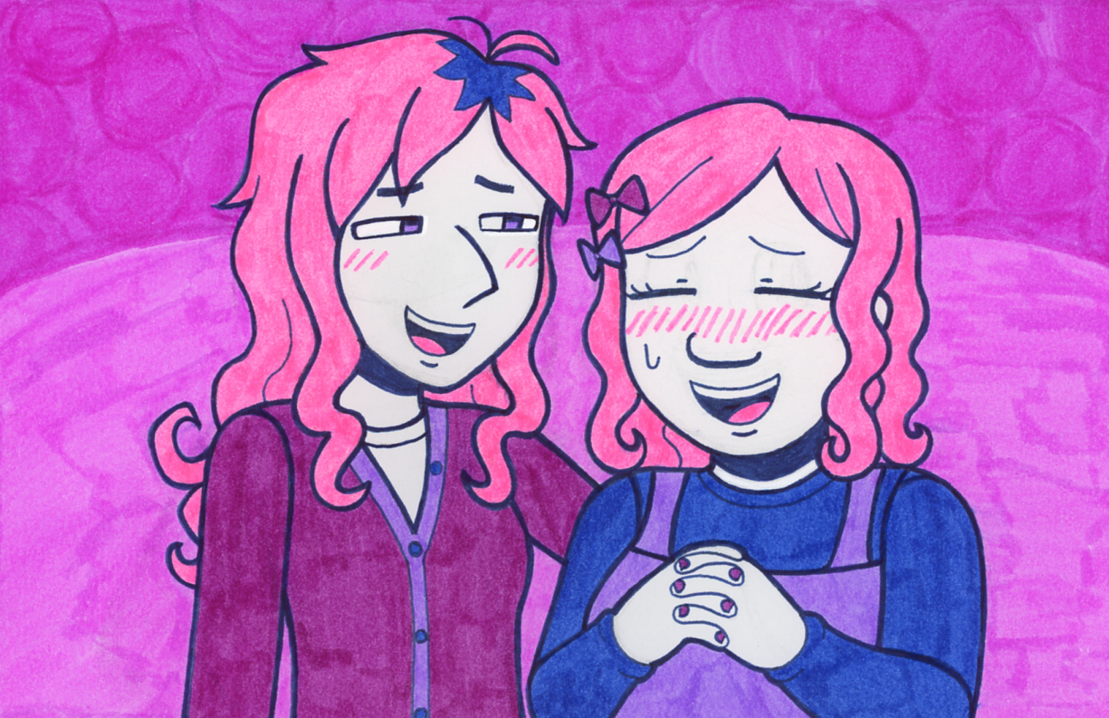 Adair and Kiva talking. Adair has a concerned smile, and Kiva has an embarrassed smile.