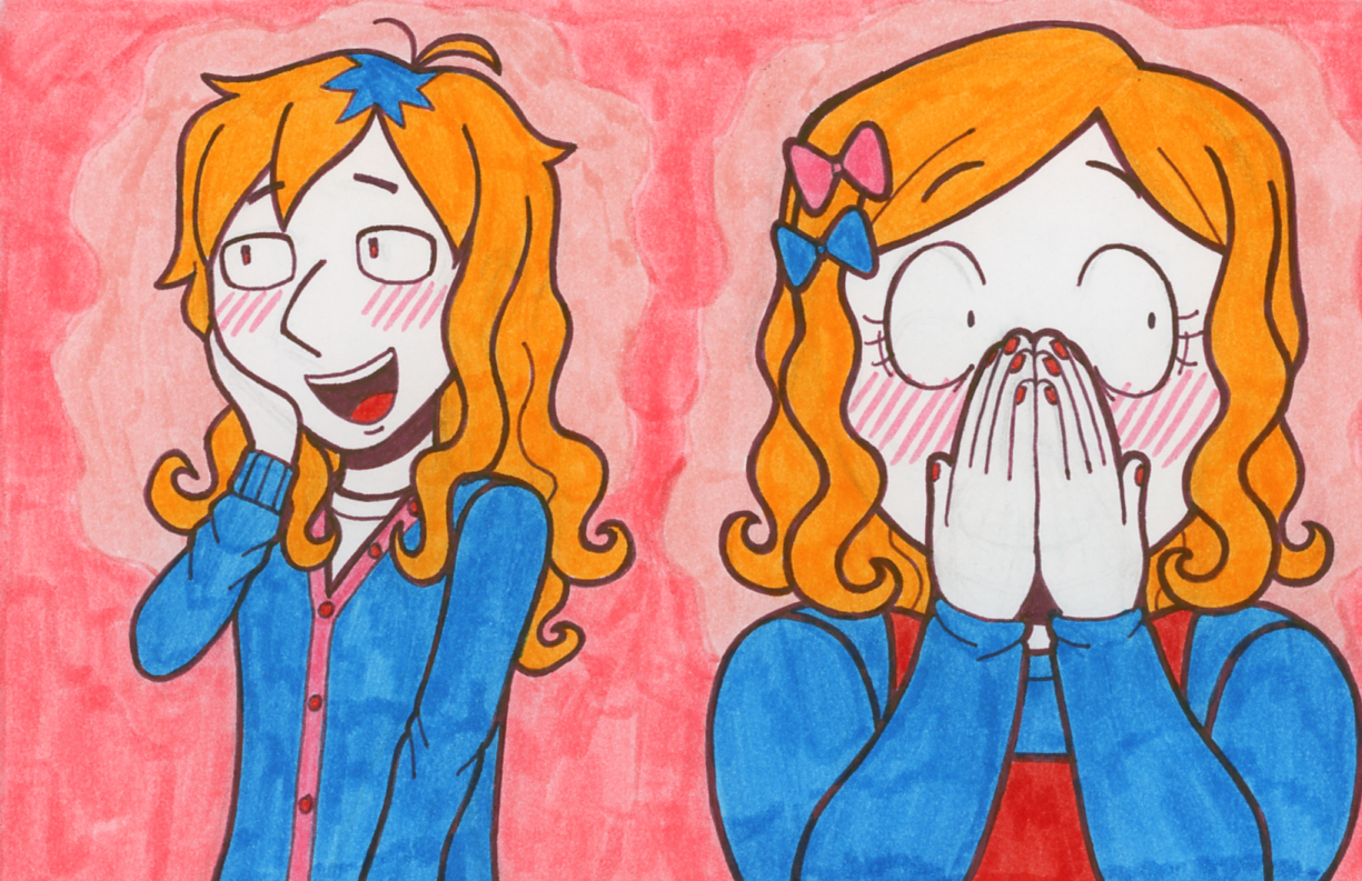 Adair and Kiva, turned away from each other, both embarrassed. Adair's laughing nervously, and Kiva's covering her mouth.