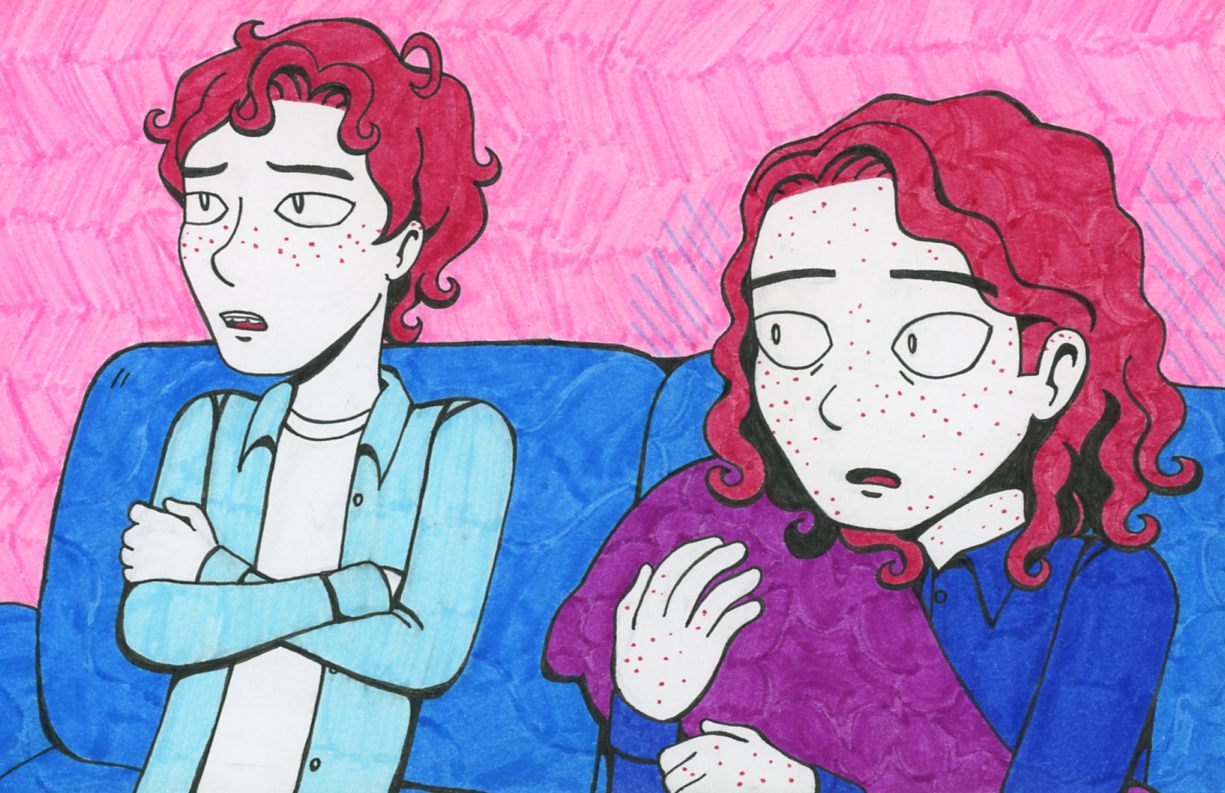 Hale reclined back on the couch, with his arms crossed. Rowan glances at him with a surprised expression.