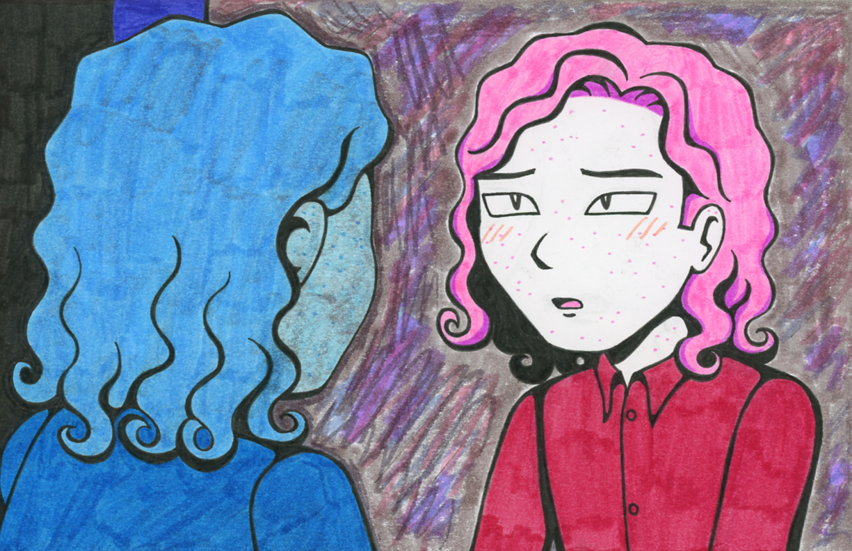 Rowan looking at himself in the mirror with a worried expression.