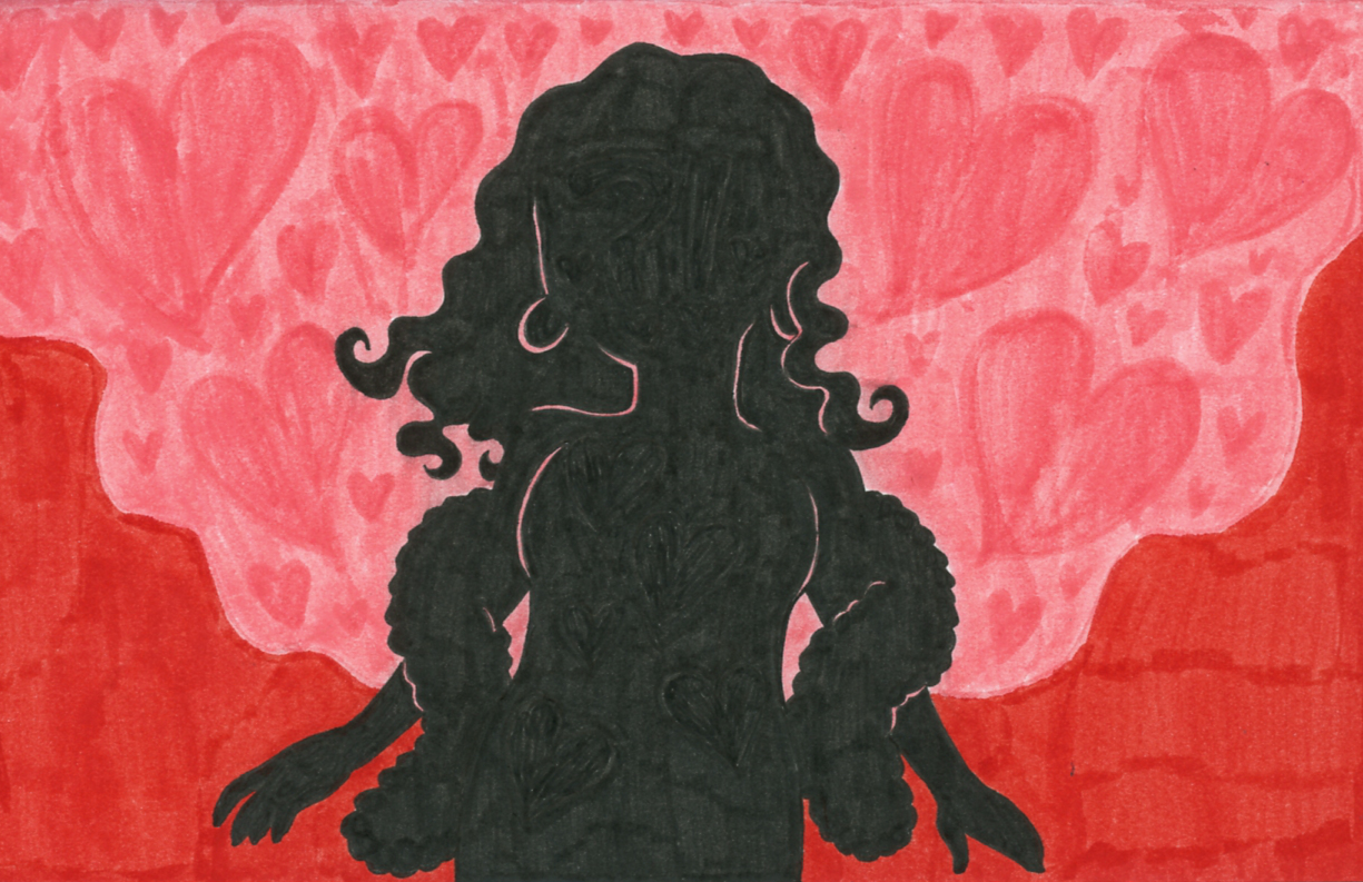 A silhouette of Rowan as a young adult, with a feminine figure and outfit.