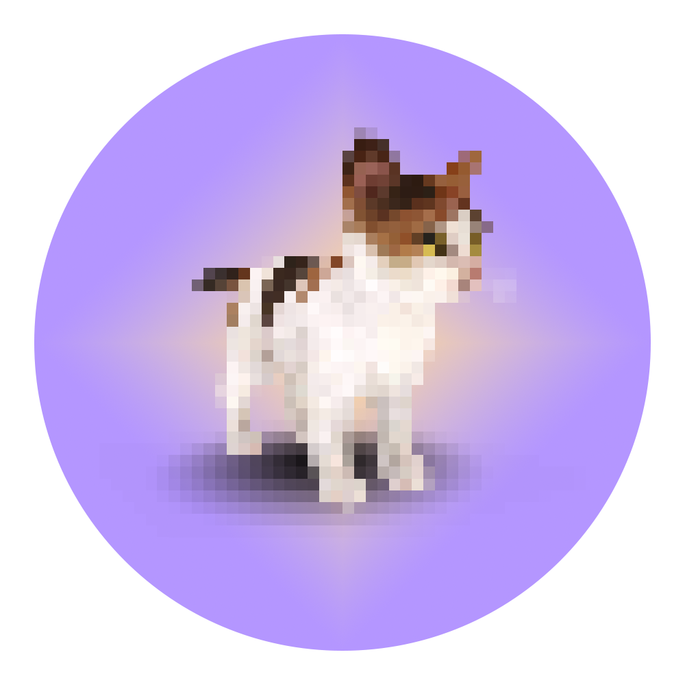 logo of a pixelated cat on a purple and orange background