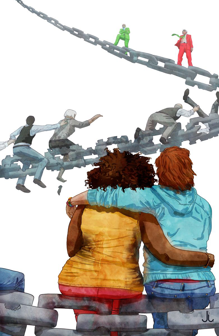 Cover image. A couple sits with their backs to the viewer. They are a black woman with afro, and a white, redheaded partner with their arms over each other's shoulders, wearing hoodies and comfortable, colourful urban clothing. They sit on an enormous chain, with bite marks all over. Further into the image, this chain goes upwards into the 'sky', where in the midground, grey-clad, boring-looking middle-aged people fight and try to throw each other off the chain. Far above there are two men in garishly coloured suits, looking down onto the tumult below them. The image speaks about the social food chain, and the unreachable heights of the super rich.
