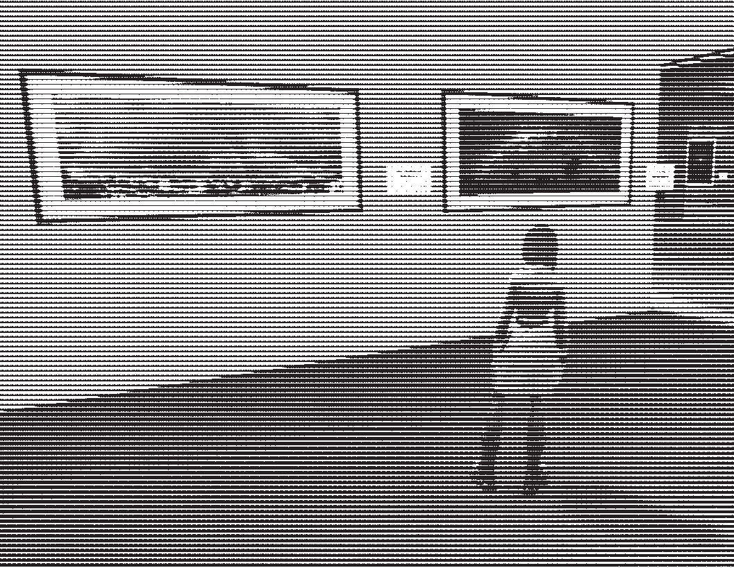 A cartoon avatar standing in front of a gallery wall looking at two landscape photographs. The image is composed from horizontal black lines of varying widths.