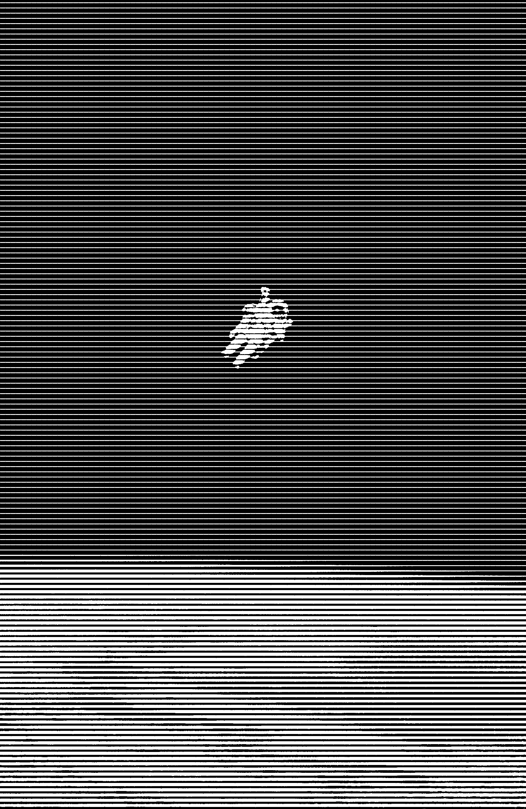 An astronaut in an EV suit hangs in the dark sky with the earth below. The image is composed from horizontal black lines of varying widths.