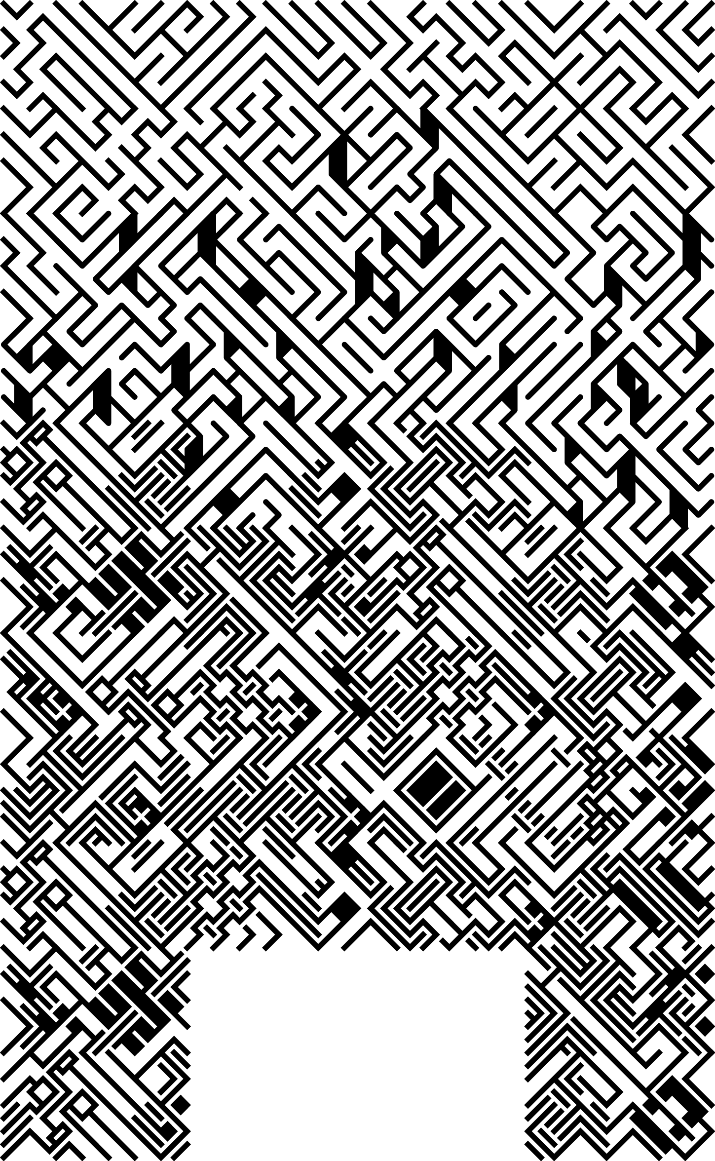 A maze covering the back; as it moves down the page, it becomes more complex, with thinner passages and blocks of black that are reminiscent of a circuit board.