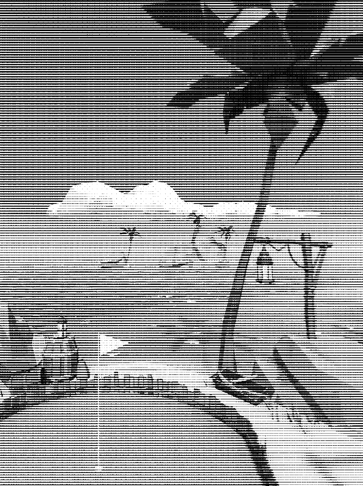 A golf hole marked with a flag next to a palm tree on a beach. In the ocean in the distance are islands with more palm trees. The image is composed from horizontal black lines of varying widths.