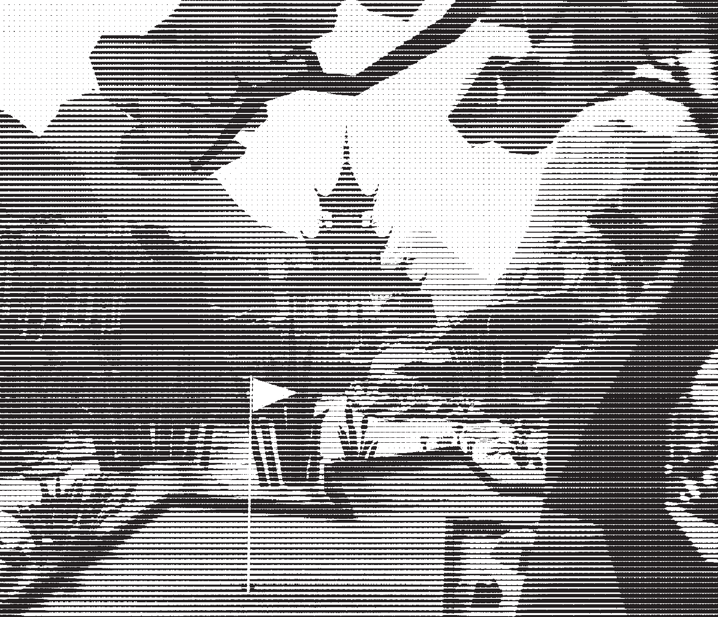 A golf hole marked by a flag underneath a cherry blossom tree. In the distance is a pagoda with mountains on either side. The image is composed from horizontal black lines of varying widths.