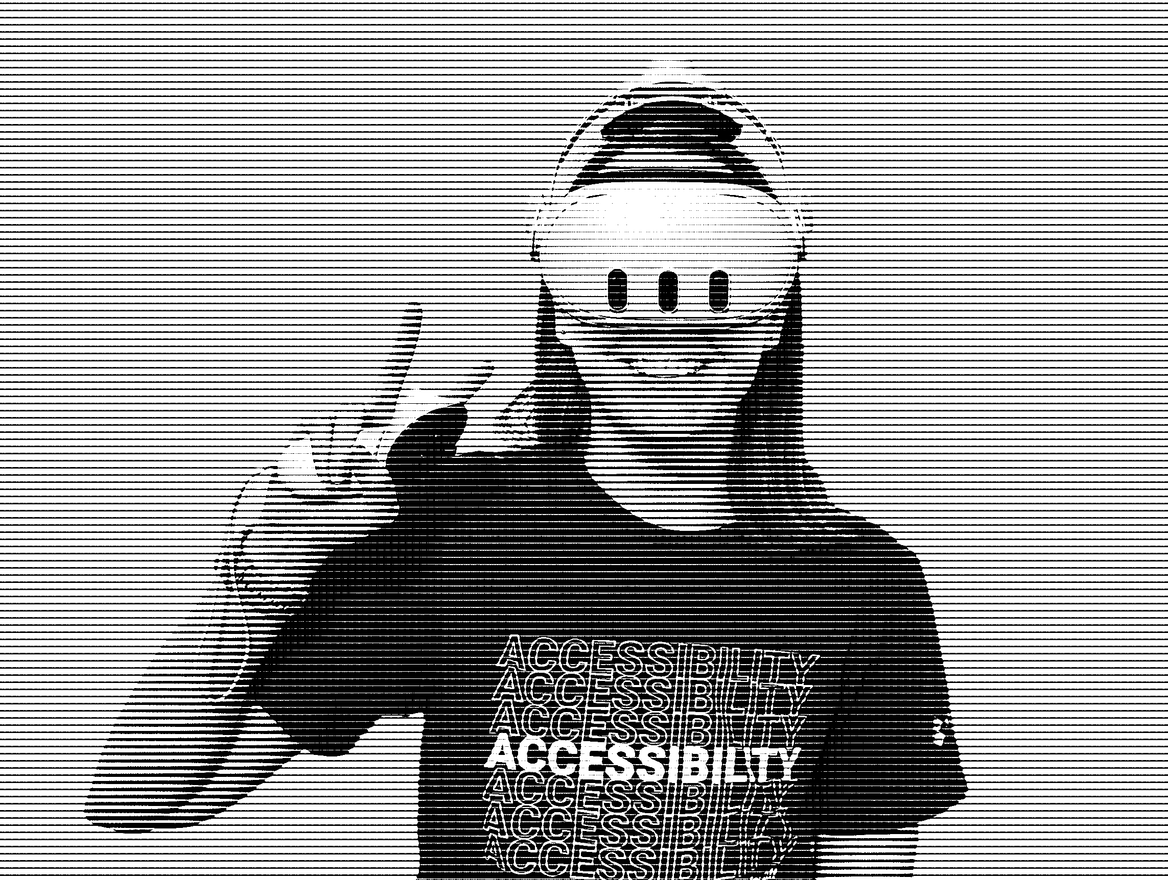A person in a VR headset holding a controller and making a peace sign at the camera. She's smiling and wearing a t-shirt with the word accessibility repeated many times. The image is composed from horizontal black lines of varying widths.