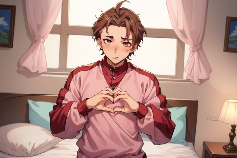 Sun-jin rougissant, faisant un coeur avec ses mains