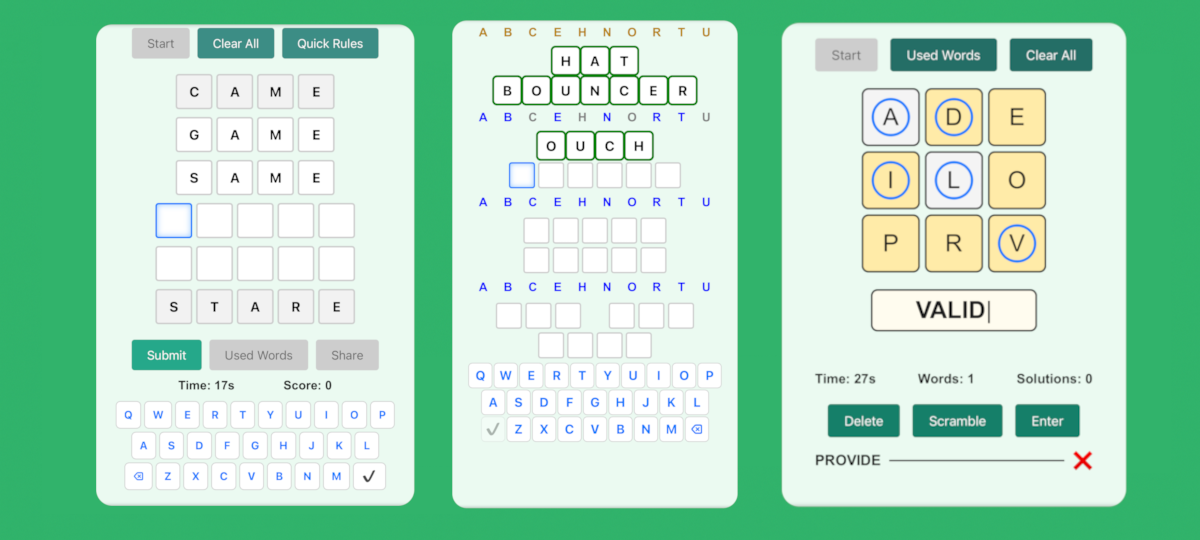 Game previews for Step Words, Word Weft, and Twice Thrice