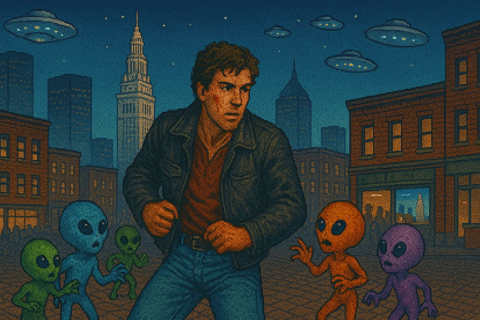 ALIEN INVASION RPG splash art showing 1989 Cleveland under attack