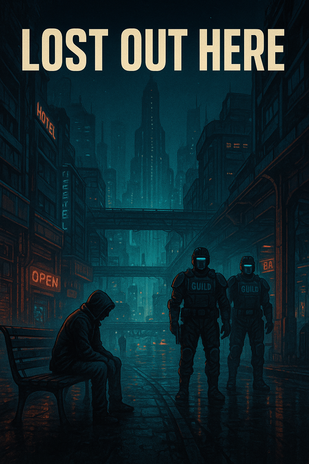 Cover art for Lost Out Here: a lone figure in a retro-futuristic mega-city.