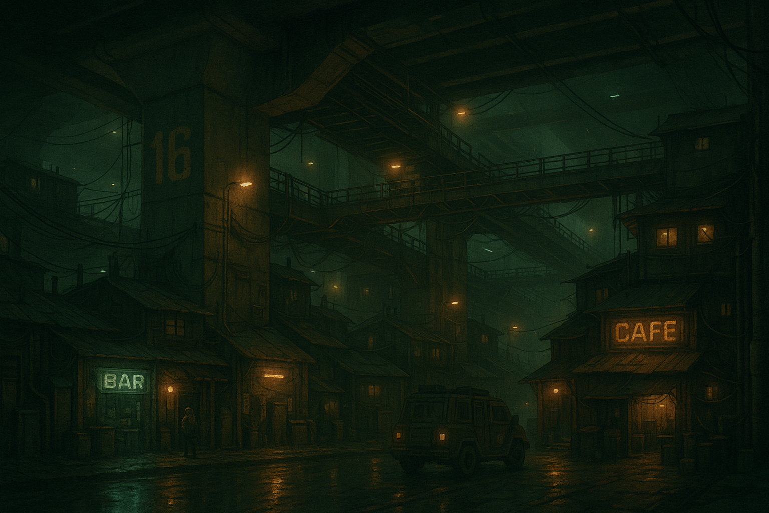 Underway shanties and highway pillar.