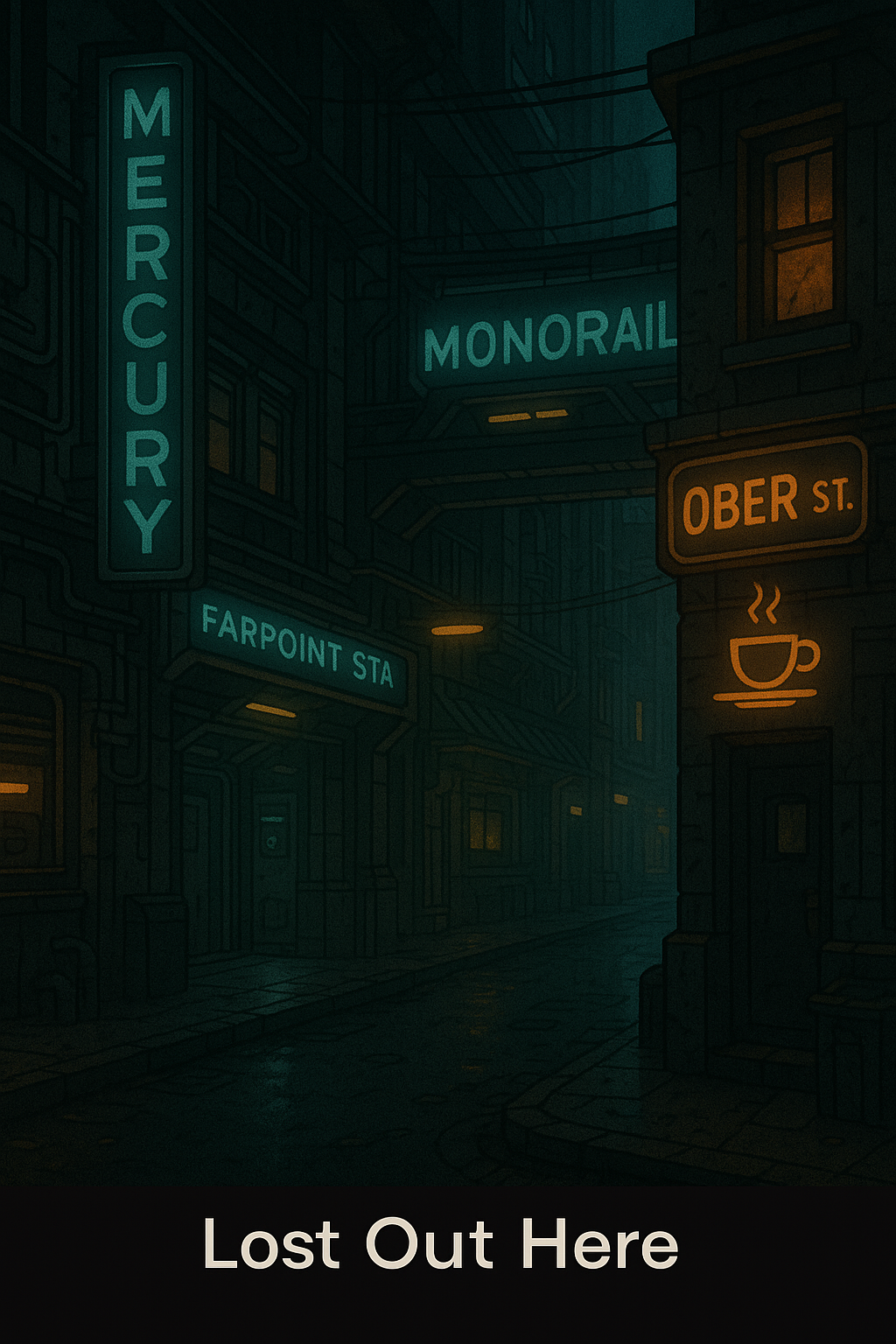 Neon-lit street in the slums.