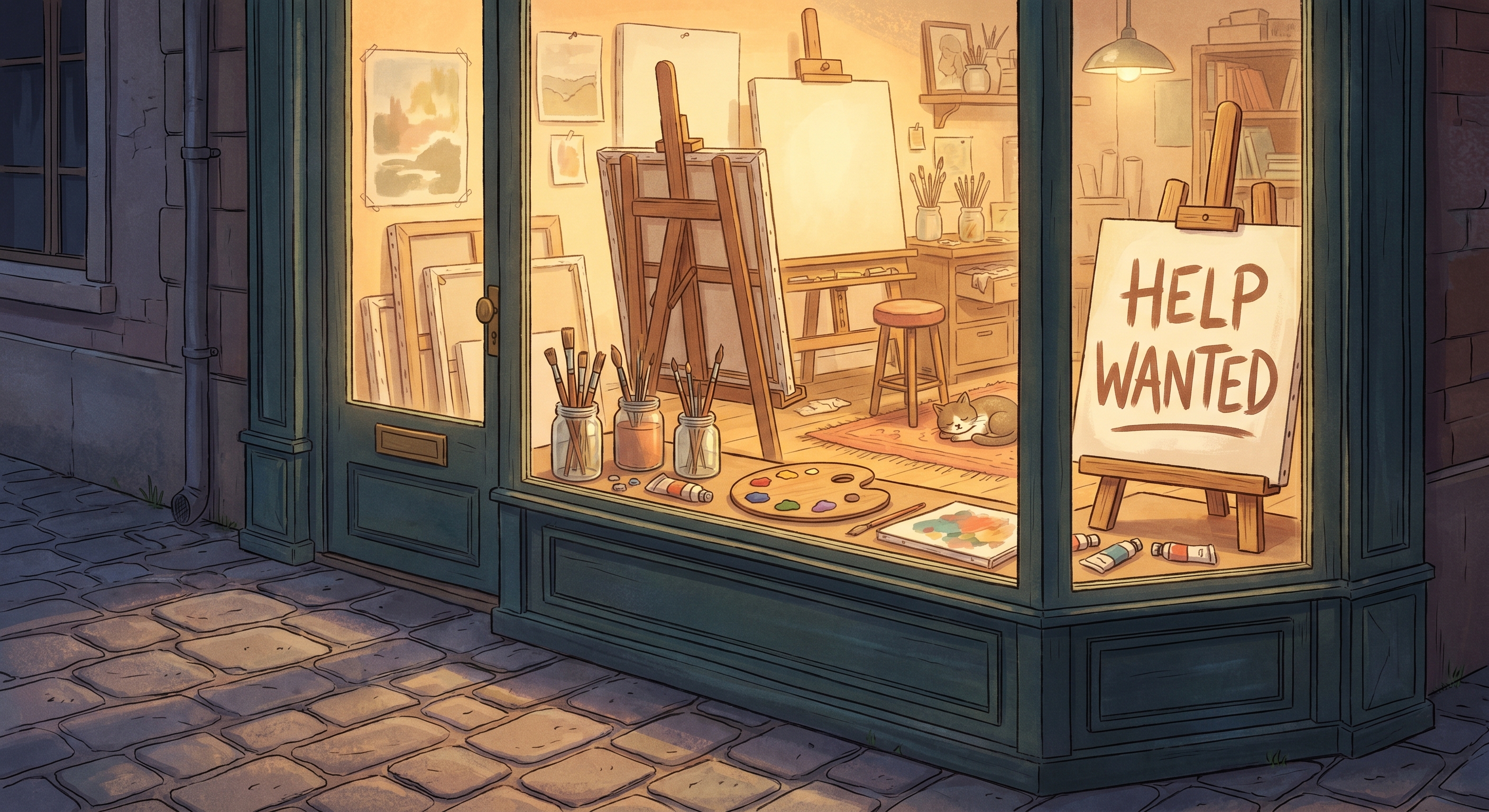 A painter's workshop in warm evening light. A Help Wanted sign rests on an easel by the window.