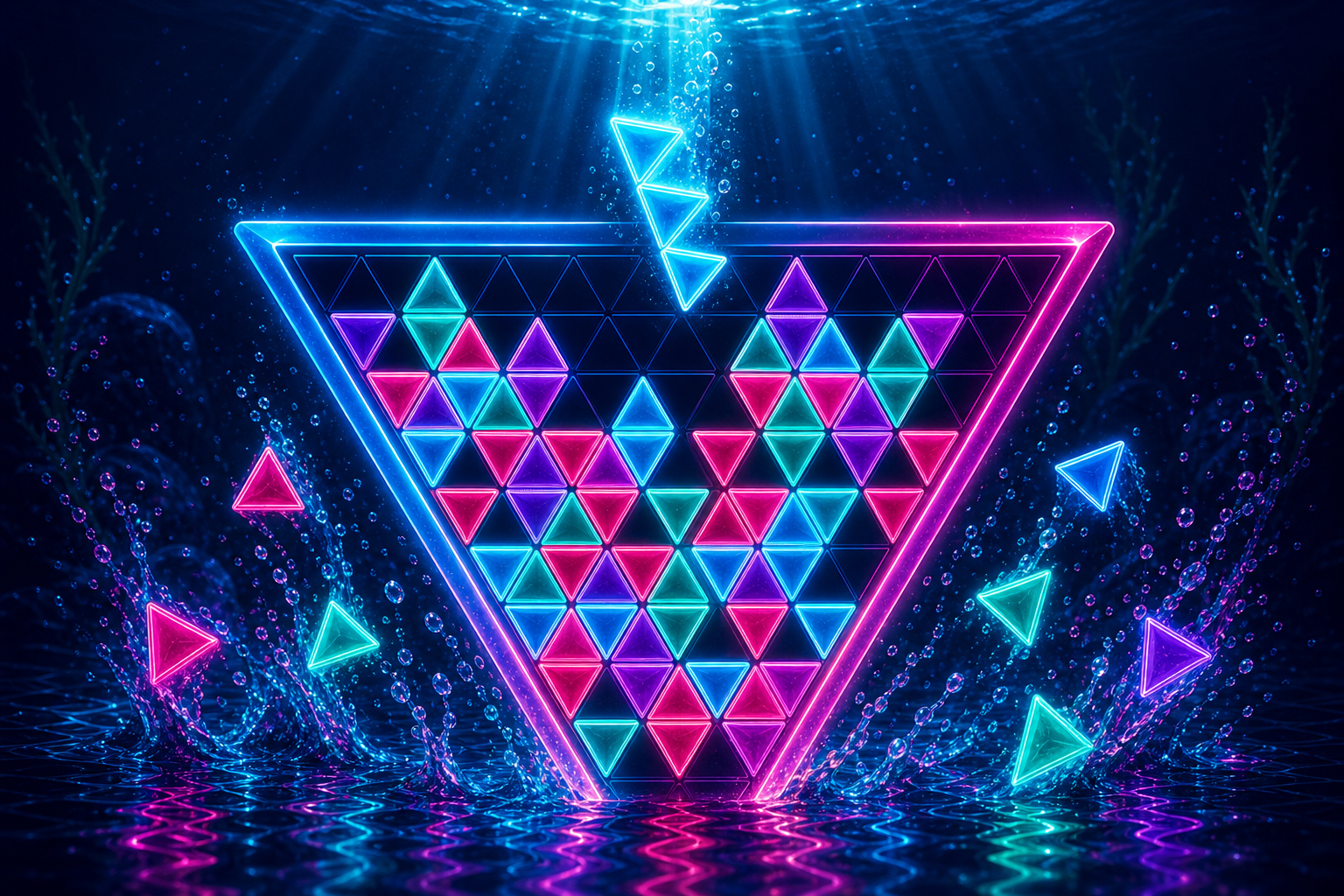 Glowing triangle board with falling triangle pieces splashing into the ocean