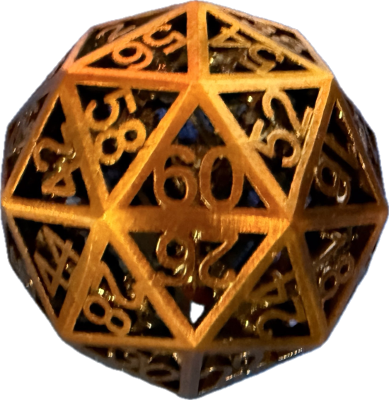 A custom 60-sided die (d60) used as the core mathematical engine for the solo tabletop RPG, The Attrition Engine