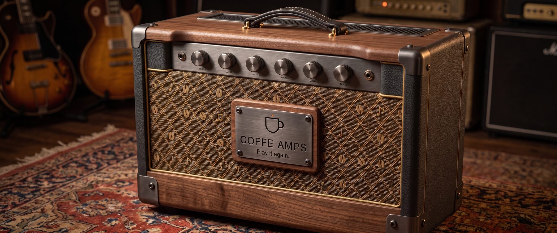 COFFEE AMPS Box Pro, the larger walnut-cabinet combo with a wider control panel and matching brass hardware