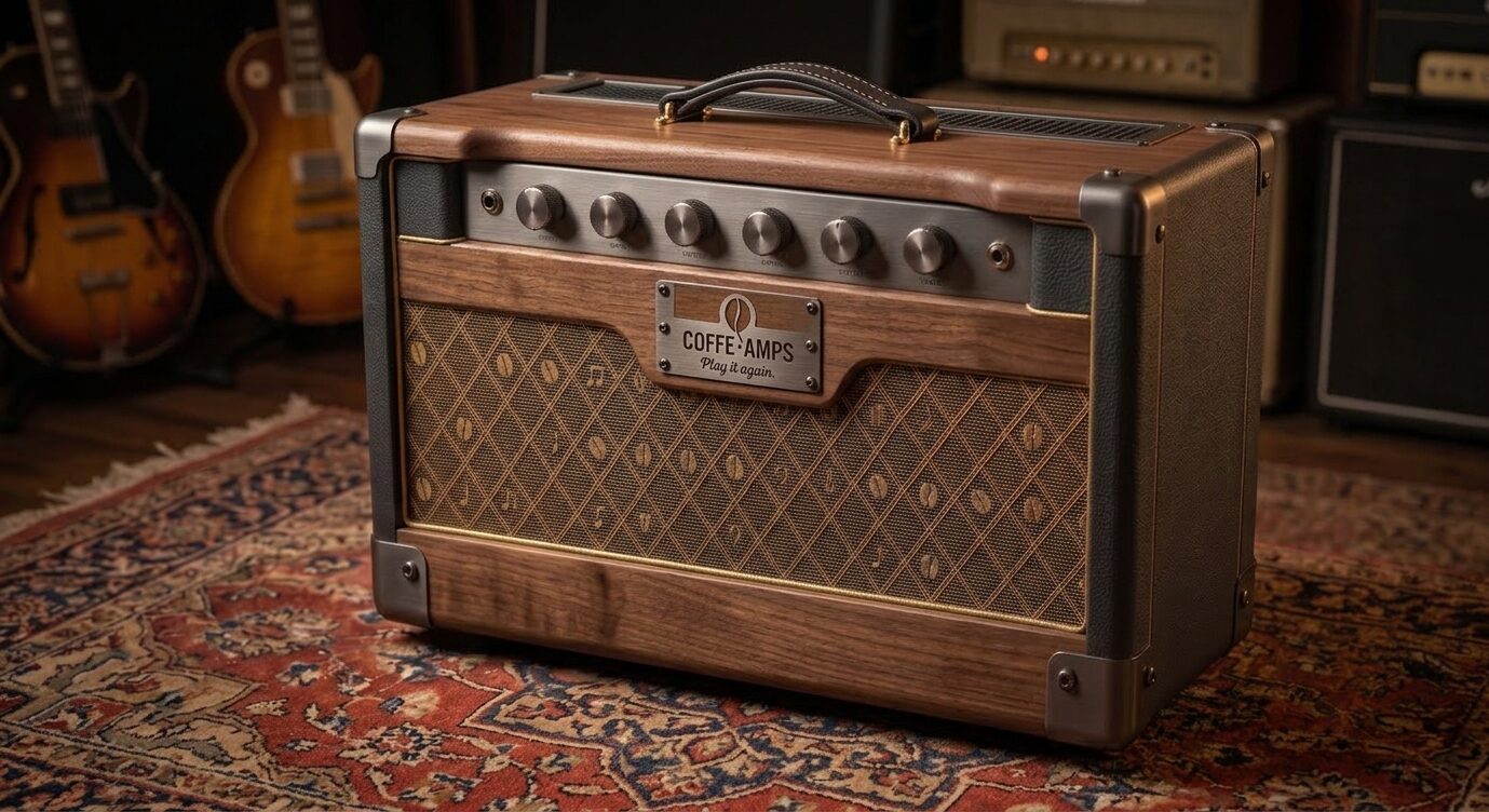 COFFEE AMPS walnut-finished desktop combo with amber tube-style indicator lights, on a studio rug beside two electric guitars