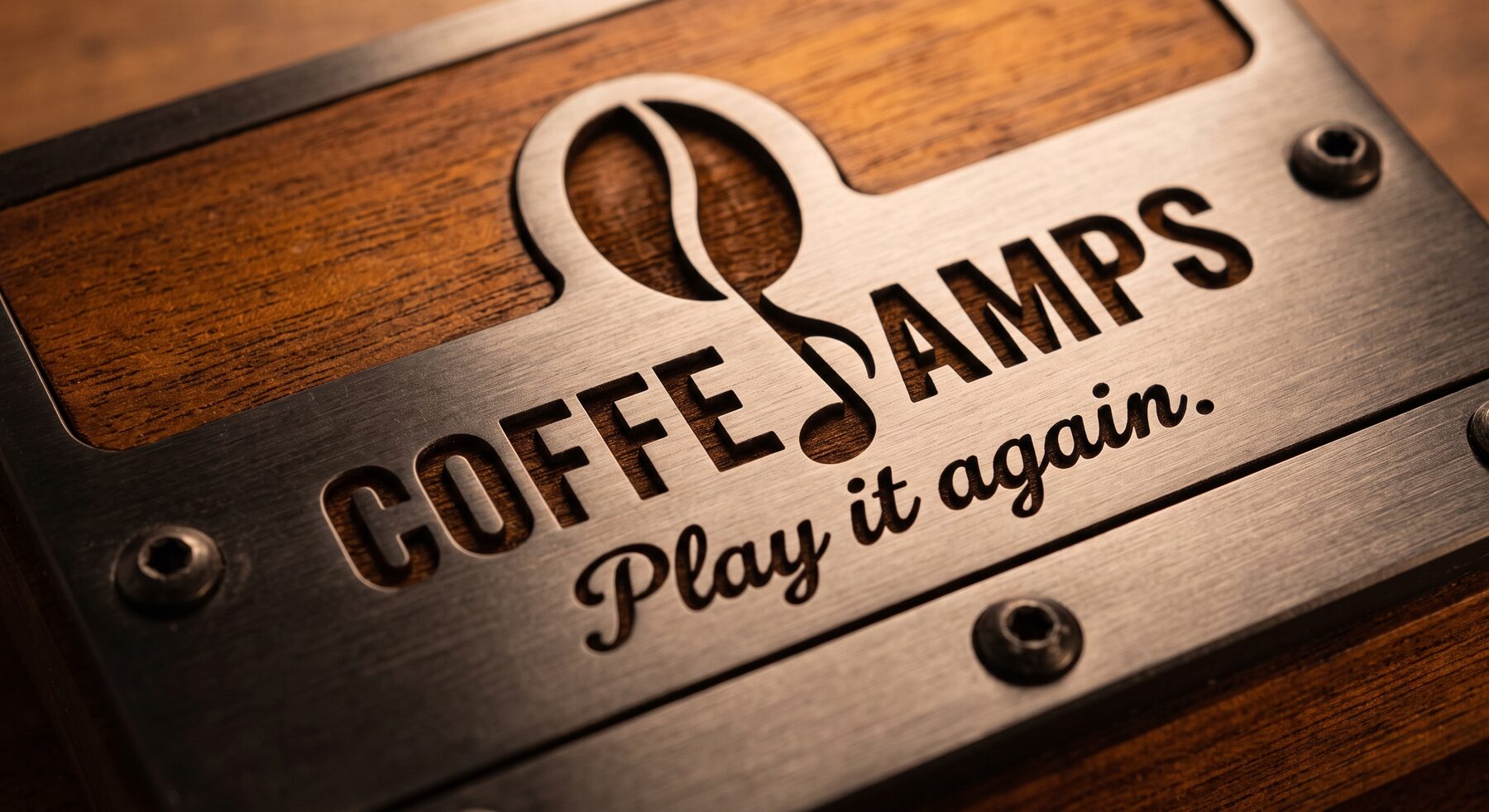 Close-up of the engraved COFFEE AMPS nameplate with coffee-bean isotype and the words Play it again